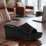 Black Crystal-Studded Wedge Sliders for Women