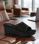 Black Crystal-Studded Wedge Sliders for Women