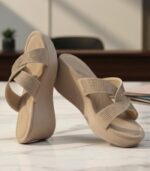 Beige Comfort Wedge Sandals with Cross-Strap Design